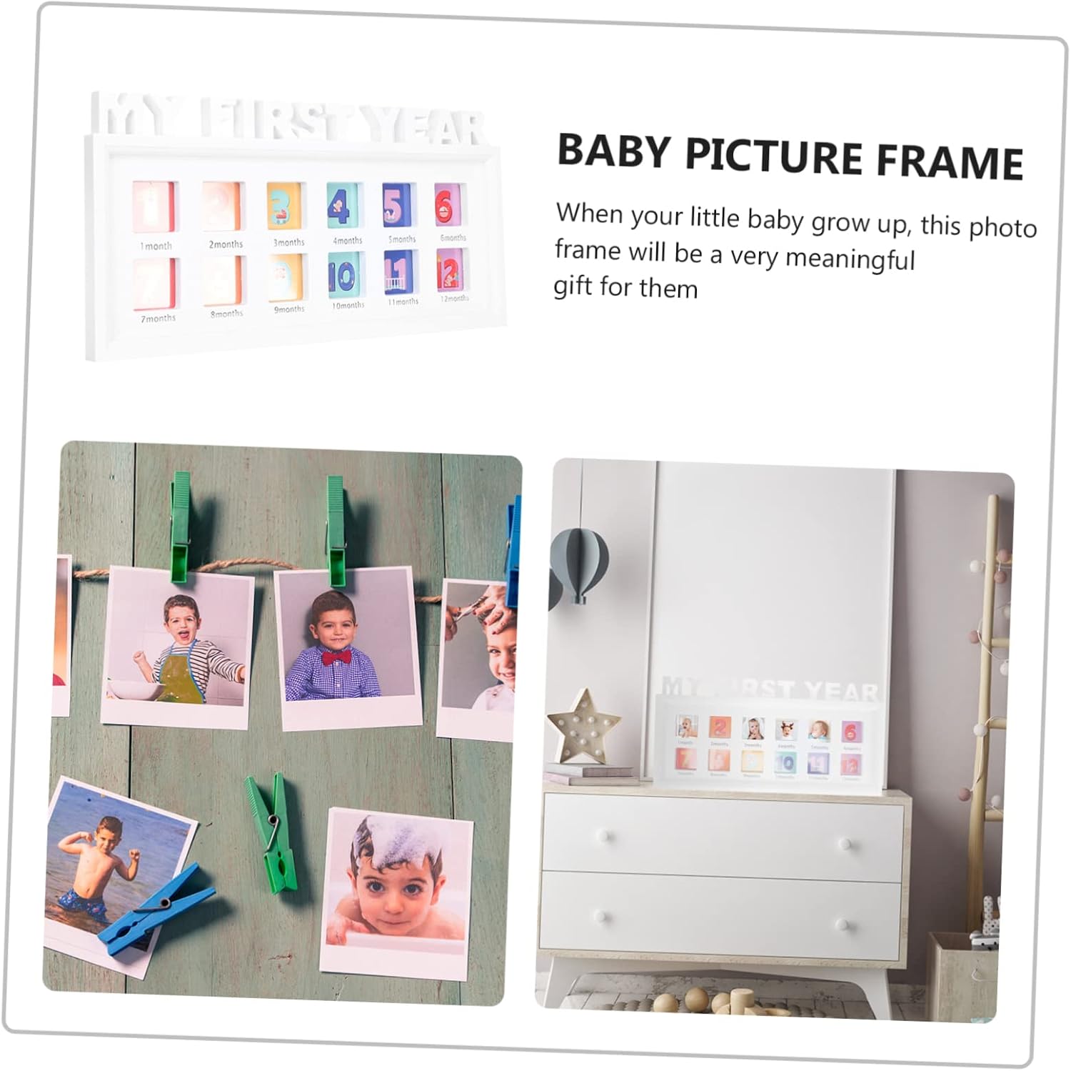 Photo Frame Month Collage Display for Boy Girl Growth Modern Design Keepsake for Nursery Decor and Showers