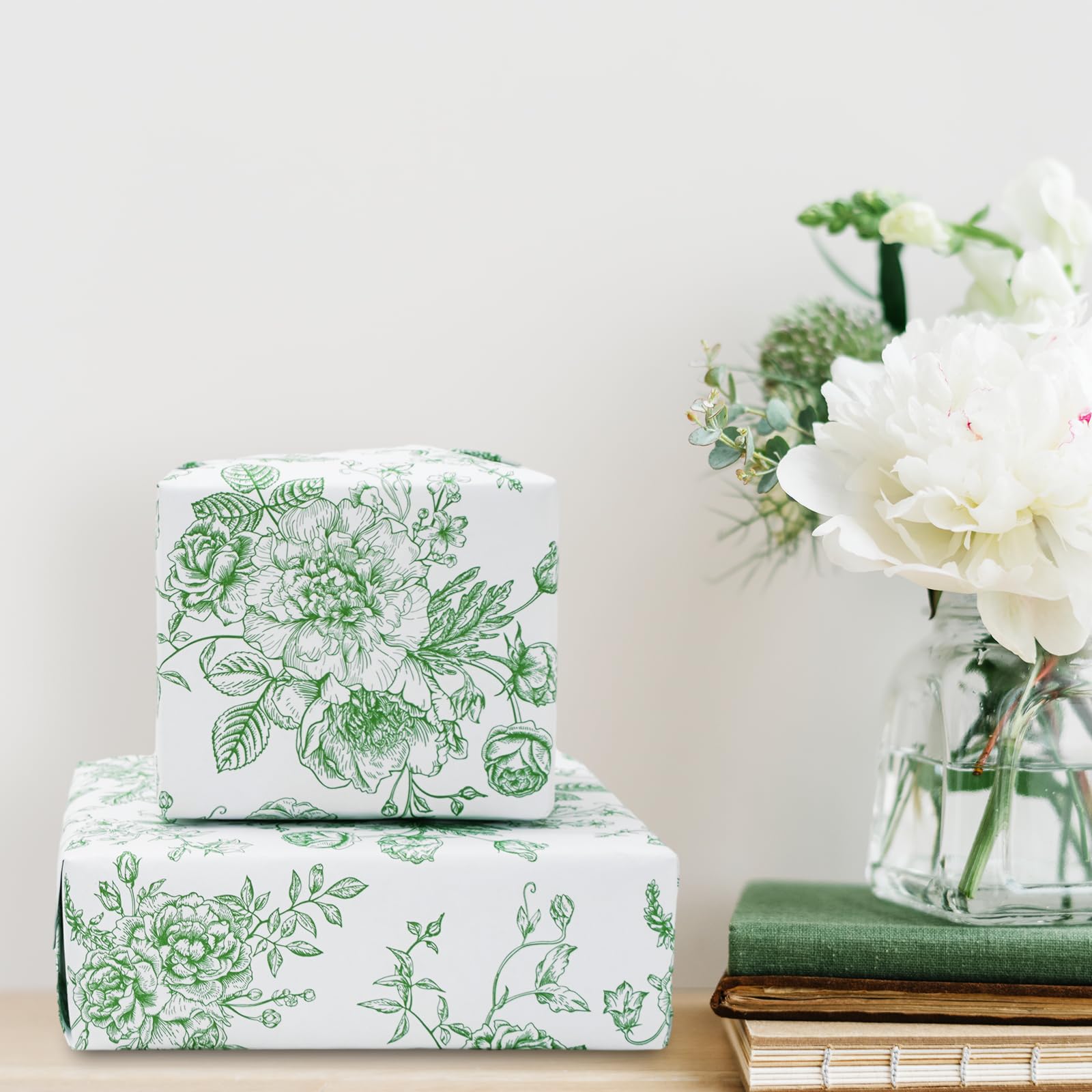 JarThenaAMCS Geschenkpapier mit Blumenmuster, Mini-Rolle, 43,2 cm x 100 cm, grün-weiße Blumen, Geschenkpapier, Chinoiserie, Verpackung für Geburtstag, Hochzeit, Babyparty, Party, Verpackungszubehör
