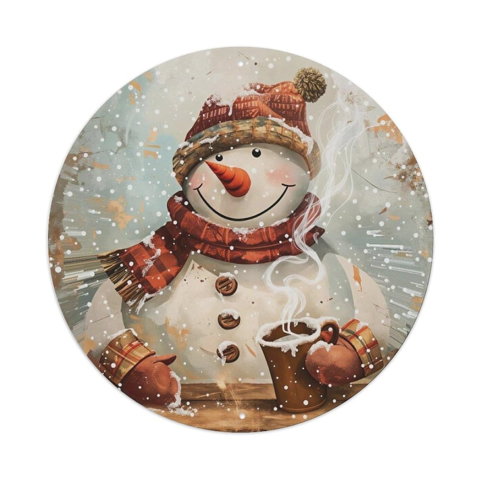 Snowman Winter Hat Scarf Mug Steam Metal Tin Sign