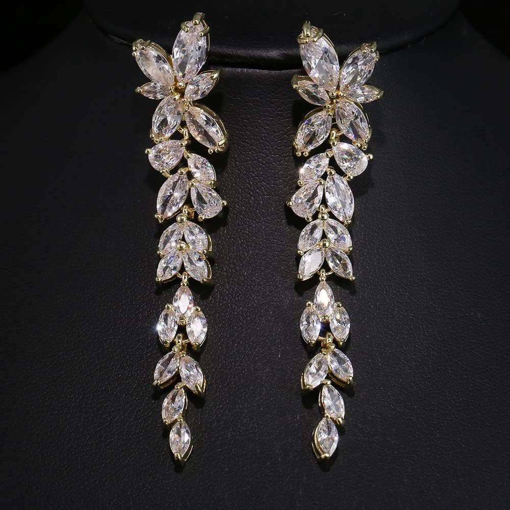 Wedding Earrings Elegant Statement Dangle Drop Dangling CZ Marquise Cubic Zirconia AAAAA 18K Gold Plated Rhinestone Luxurious for Brides Bridal Wedding Women Precious Crystal (Gold)