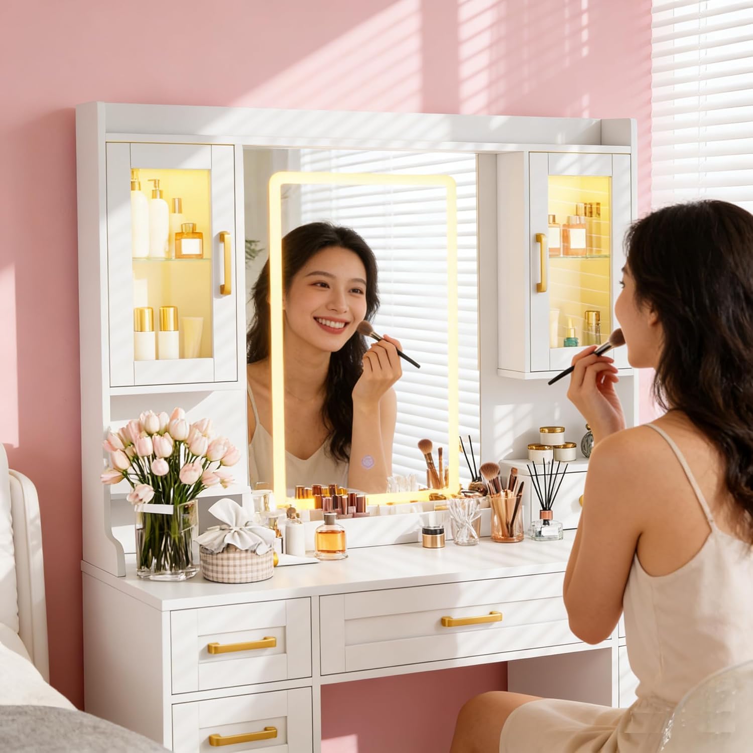 NUNU LAB Large White Vanity Desk with Mirror and Lights with 7 Drawers, Women Makeup Table with Power Outlet, 3-Color Adjustable Lighting for Bedroom Brown