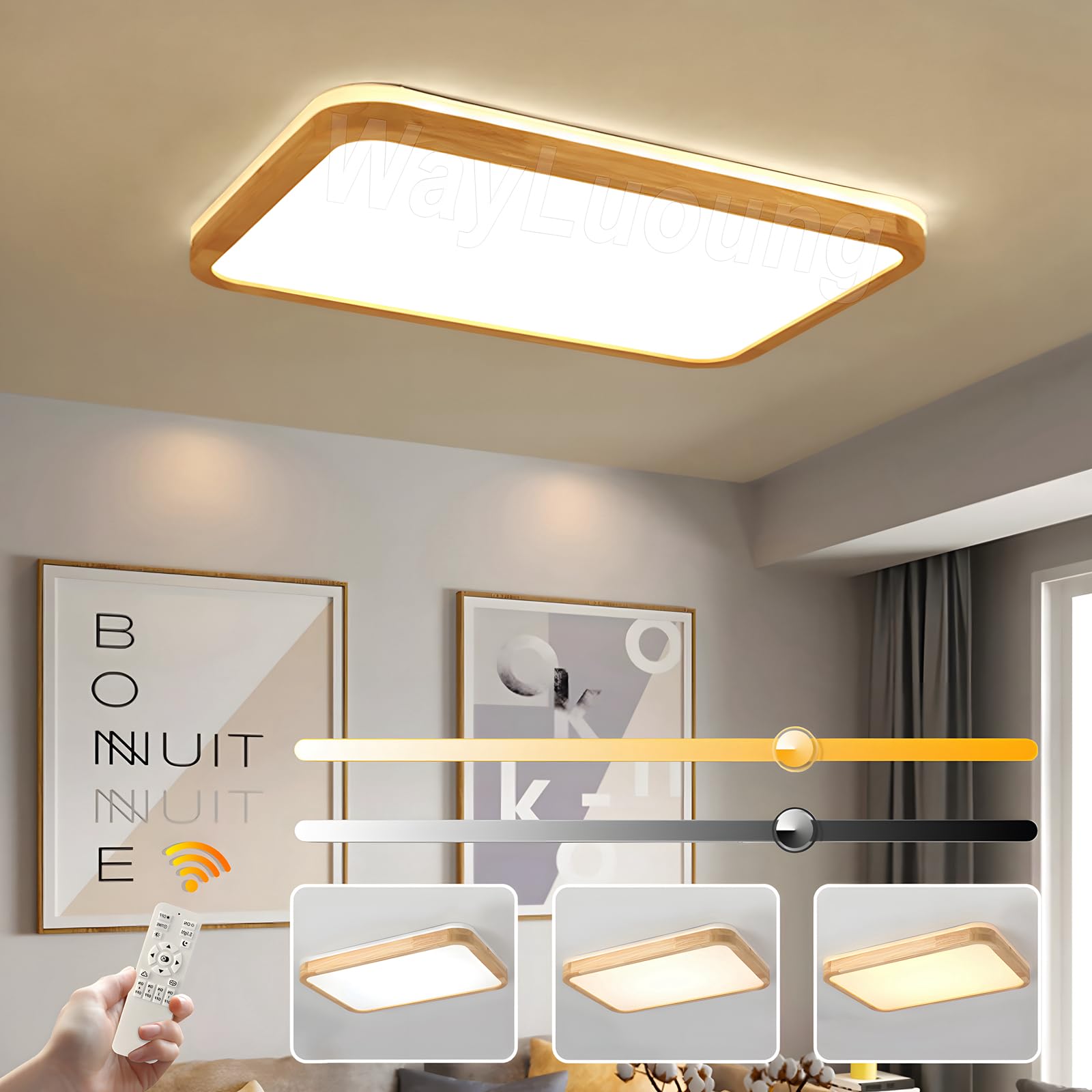 WayLuoung Lámpara De Techo LED De Madera | 80 * 60cm 3000-6000K 78W | Lámpara de Madera Natural Con Brillo de 360° y Parte Superior Rectangular Dormitorio Sala De Estar (Regulable Con Control Remoto)