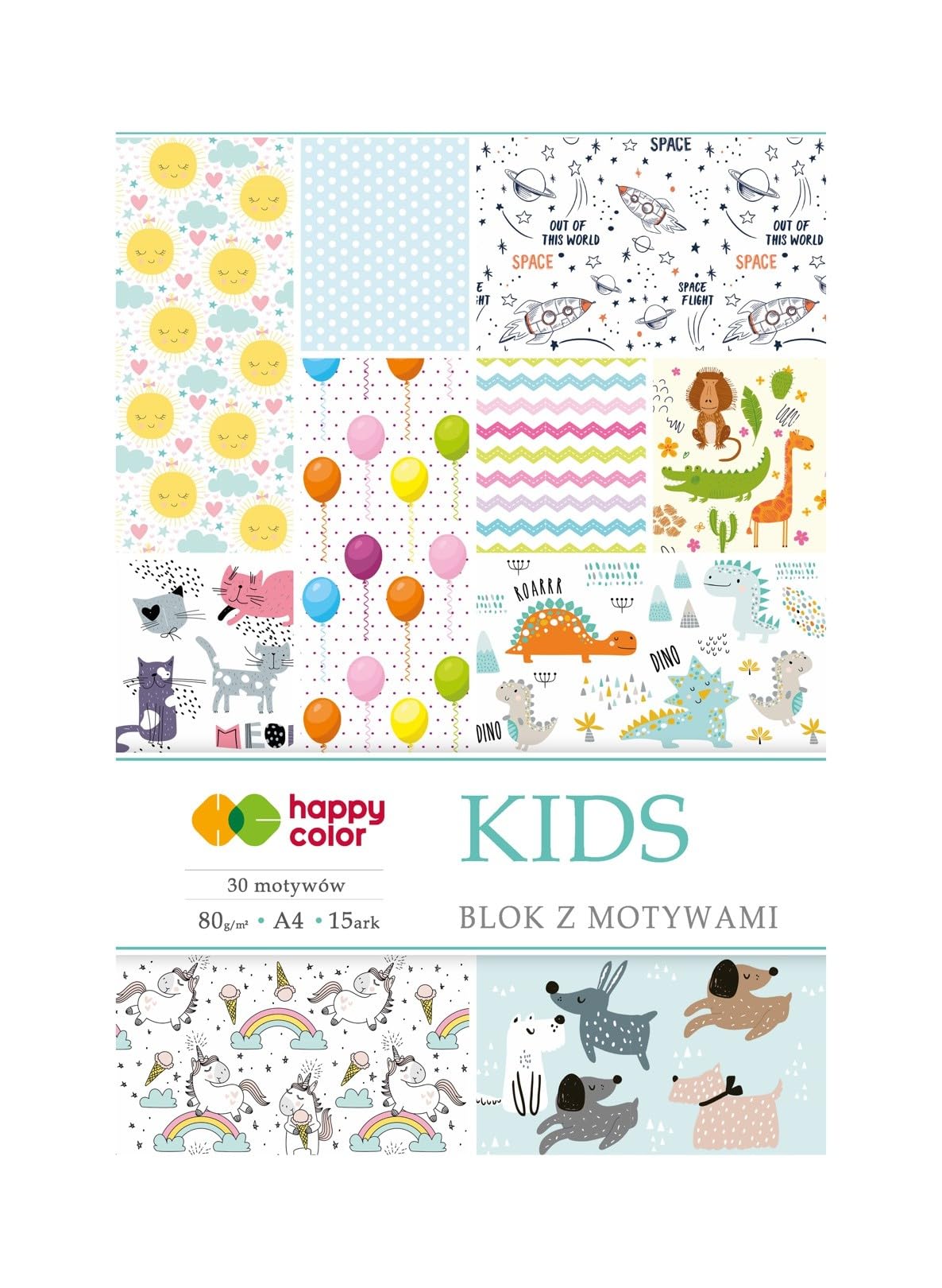 Design Paper Pad KIDS, A4, 80gsm, 15 arkuszy, 30 motywów, Happy Color
