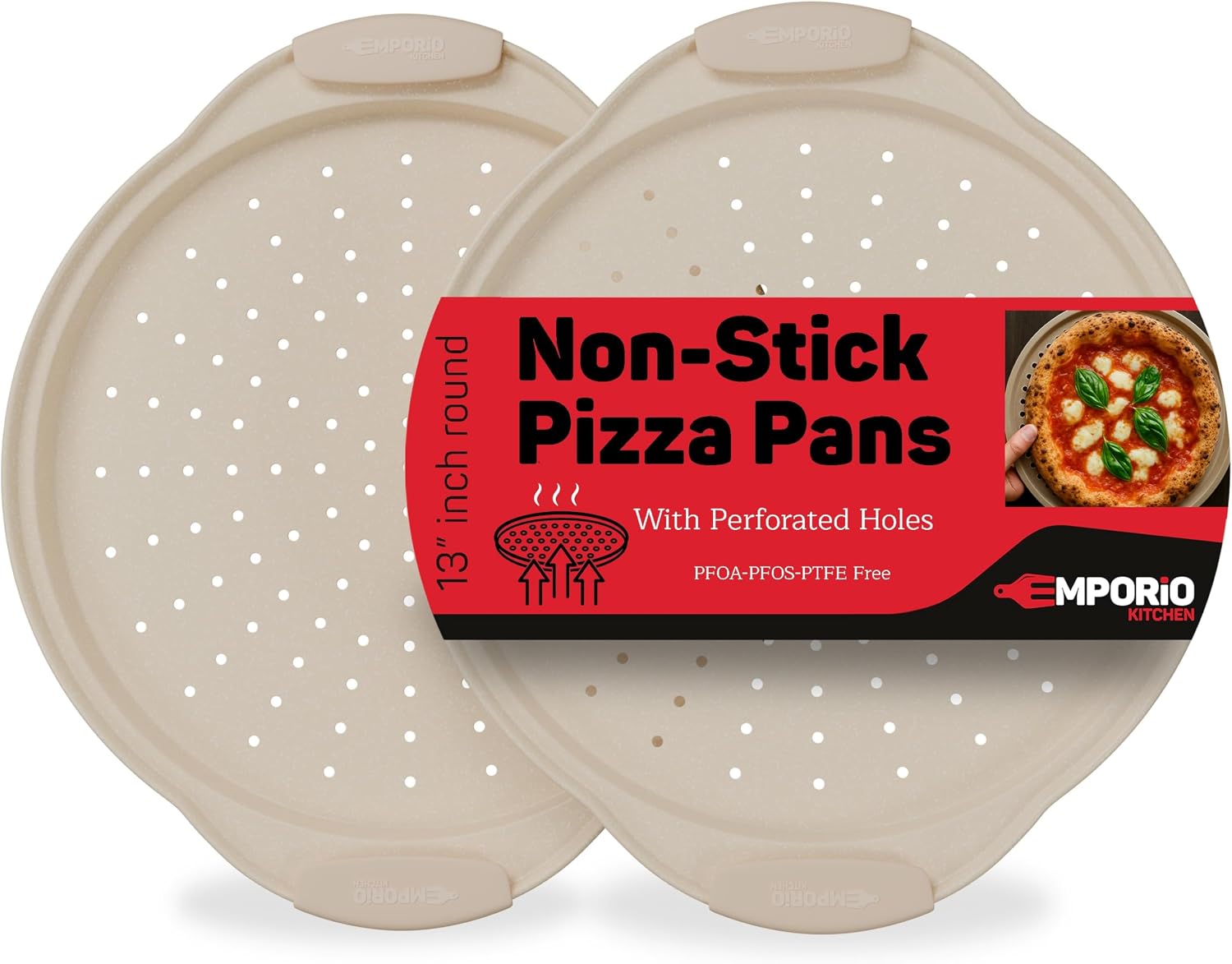 Non-Stick Pizza Pan with Silicone Handle 2 Pack, 13 Inch Round Carbon Steel Tray with Perforated Holes, Dishwasher & Oven Safe Up To 450°F, PFOAPFOSPTFE Free, Durable Nonstick White Marble Coating