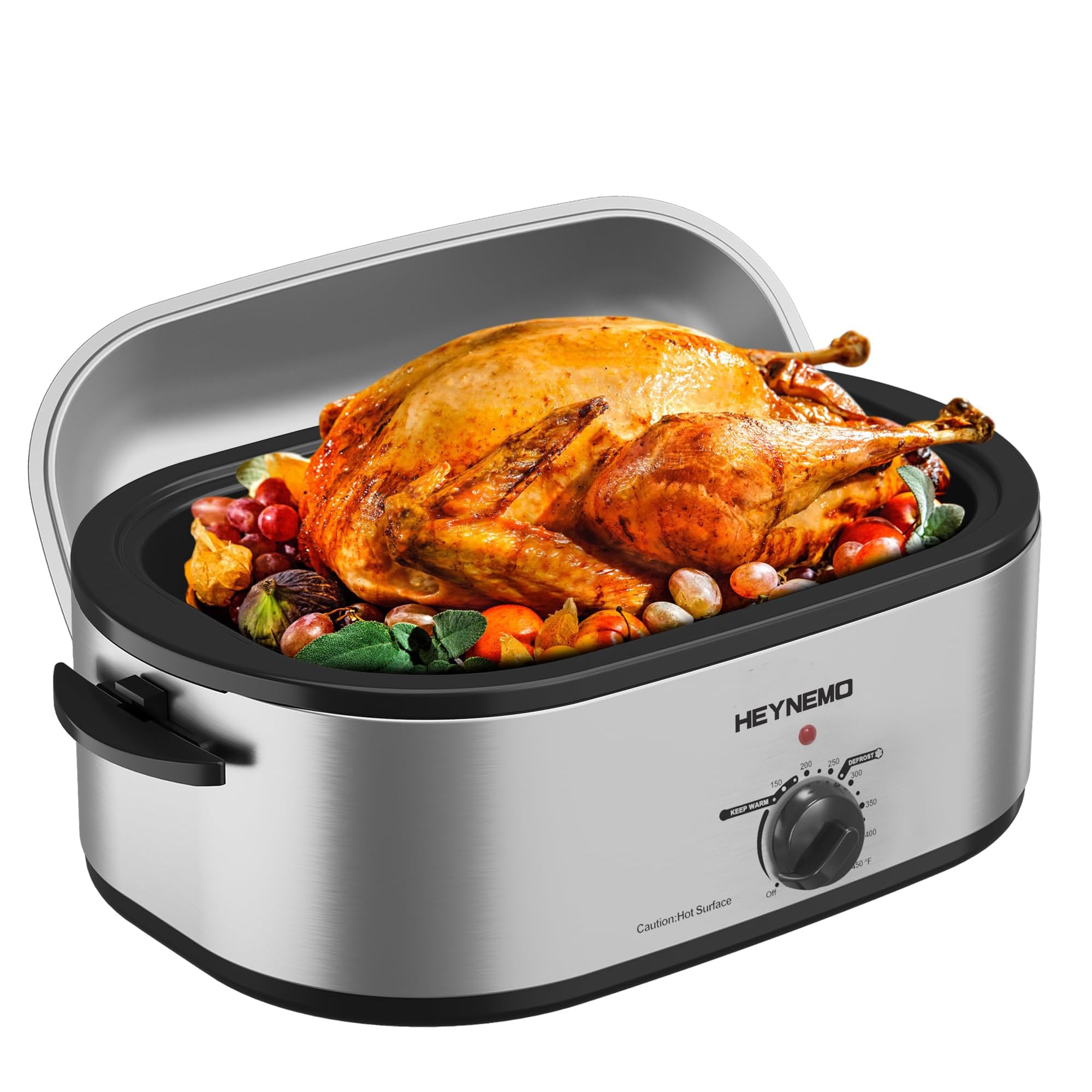 20 Quart Electric Roaster Oven with Self-Basting Lid, Turkey Roaster with Defrost Warm Function, Adjustable Temperature, Removable Pan Rack, Stainless Steel, Silver