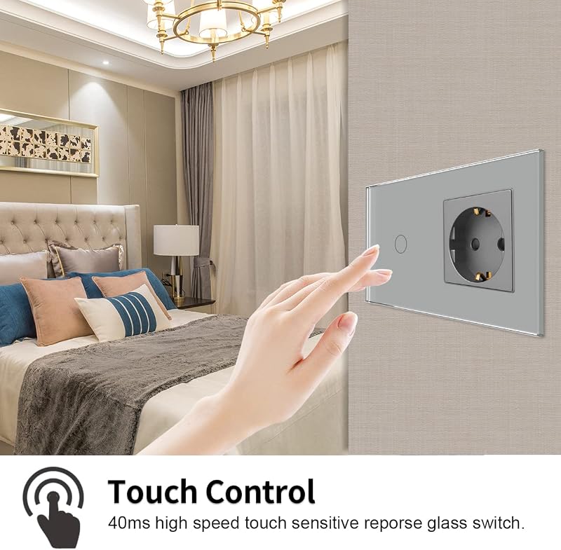 JIMEIDA szürke üveg érintéses fali kapcsoló Schuko aljzattal, LED jelzőfénnyel - 1-Fach, Touch Lichtschalter& Steckdose, gray