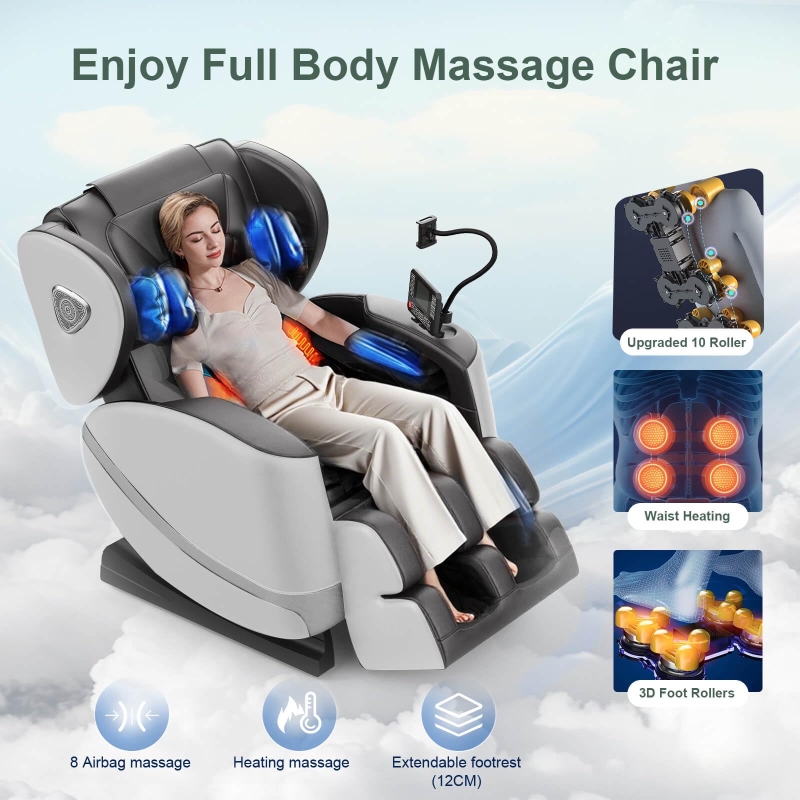FURNIMAT Massagesessel Ganzkörper Zero Gravity mit Heizung, Airbags, Fußrollen, 10 Massagerollen, Bluetooth, Fernbedienung