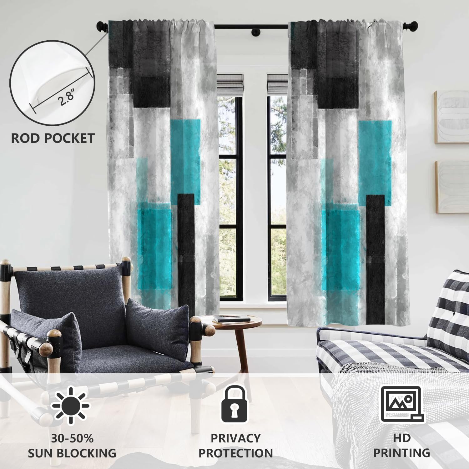 AAtter Teal Black and Grey Window Curtain Turquoise Gray Aqua Silver White Geometric Simple Abstract Art Long Living Room Bedroom Drapes Treatment Fabric 1 Pair Home Decor, 42" W x 84" L, Modern