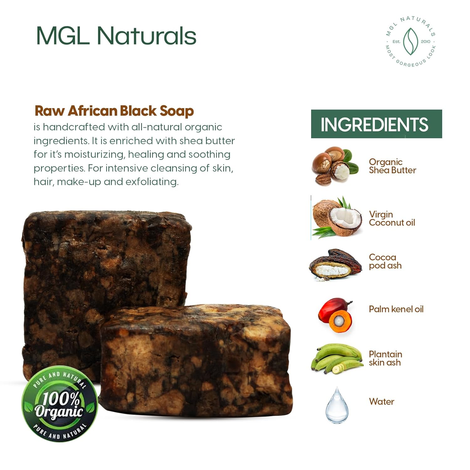 MGL Naturals Raw African Black Soap from Ghana, Africa | Vegan & Organic | Face and body deep cleanse wash. (5 lb (Pack of 1))