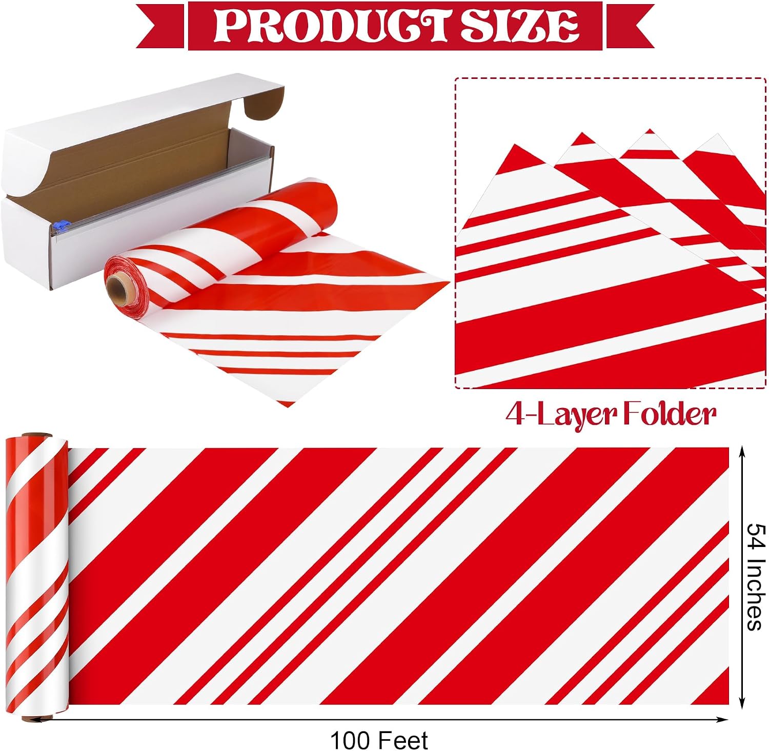 Kochorie 100 Ft x 54 Inch Christmas Candy Cane Striped Tablecloth Roll with Slide Cutter Box Red and White Table Cover Christmas Tablecloth Wall Backdrop Xmas Home Holiday Party Supplies