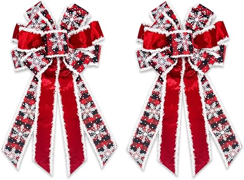 Estivaux 2 Pieces Christmas Bows for Wreath, Merry Christmas Wreath Bows Red Velvet Bow Winter Holiday Snowflake Craft Ribbon Bow Xmas Tree Topper Bows for Front Door Christmas New Year Decorations