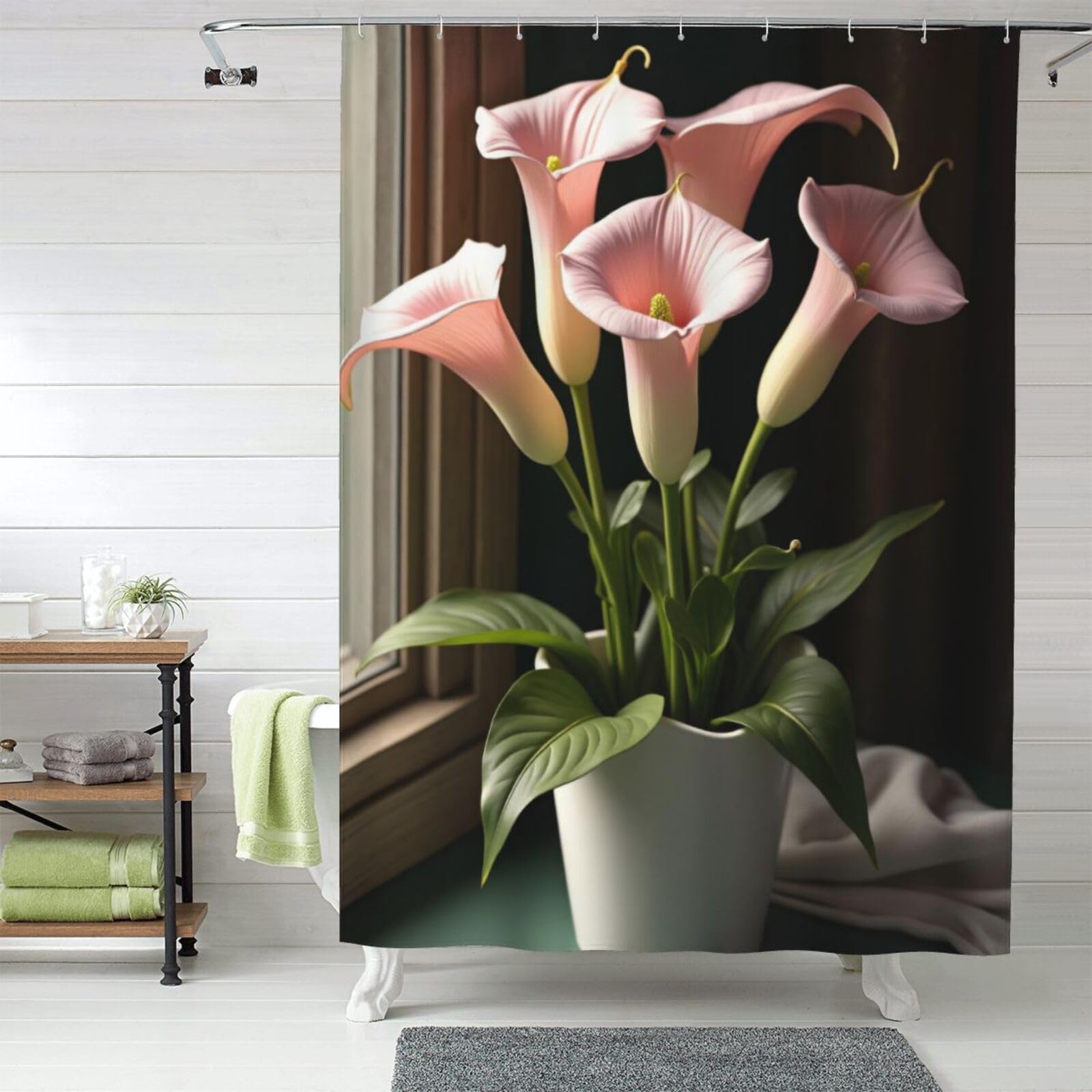 Rideau de douche lys calla anti-éclaboussures en tissu épais lavable pour sol toujours sec