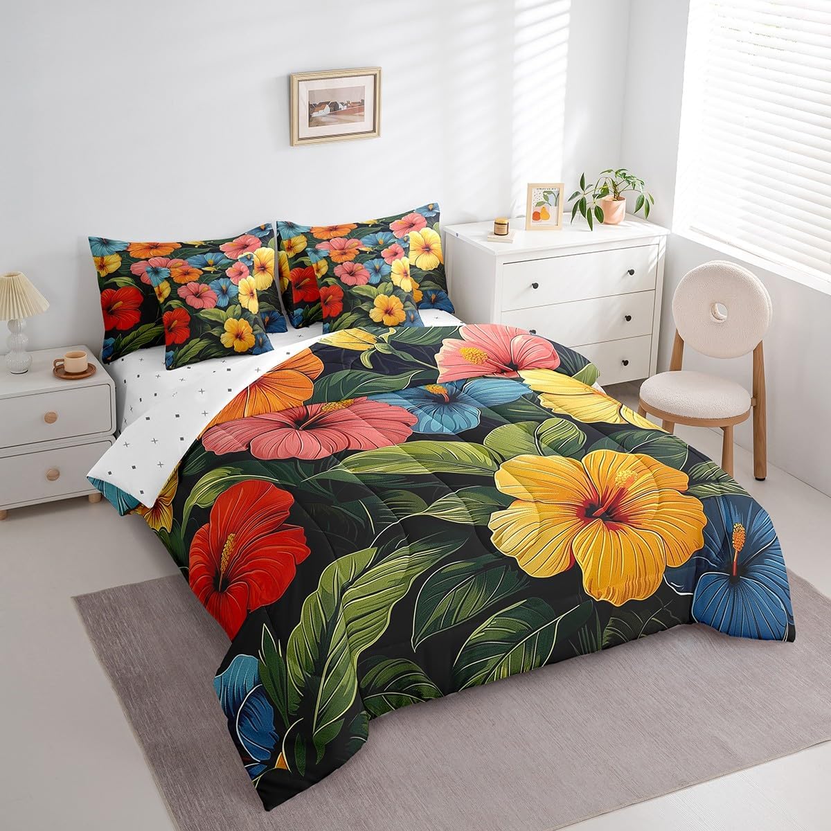 Erosebridal Colorful Flower Comforter Set Tropical Botanical Floral Bedding Sets 7 Piece Full Rustic Farmhouse Bed in A Bag Garden Plant Quilt with Flat Fitted Sheet Blooming Pillow Covers