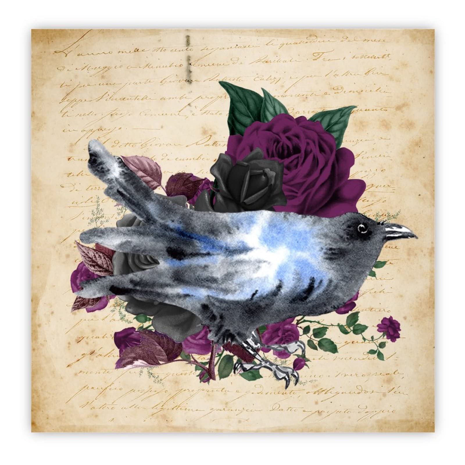 Tableau en bois fleur violette corbeau et tête de mort style moderne 40 cm