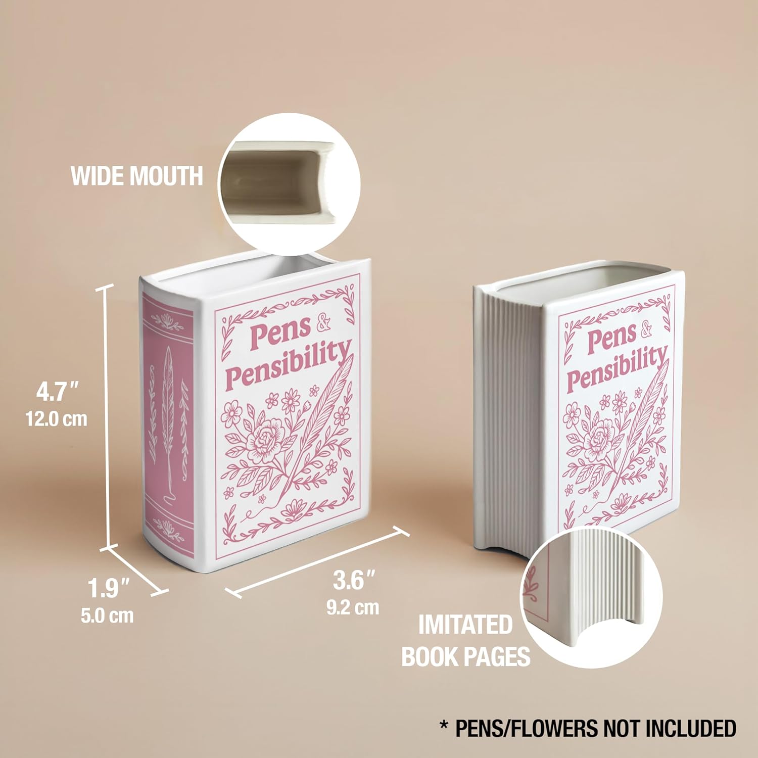 H&H Pens & Pensibility / Sense and Sensibility Ceramic Pencil Holder + Book Vase for Flowers + Bookmark + Jane Austen Bookish Decor + Writer Gifts + Cute Vase + Pink Pen Holder + Pink Desk Accessories