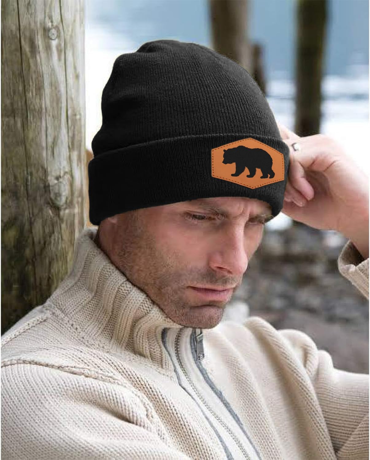 Bear Beanie Hat for Men Women, Warm Winter Knit Cap Black