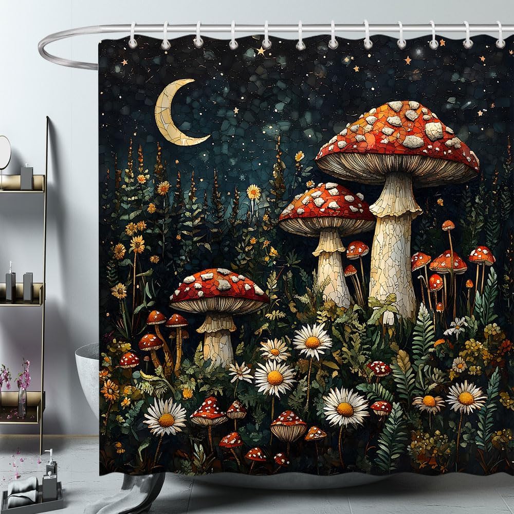 Mushroom Shower Curtain Red Mushrooms White Daisies Boho Moonlit Forest Abstract Starry Art Bathroom Polyester Curtains Set with Hooks 70x84 Inch