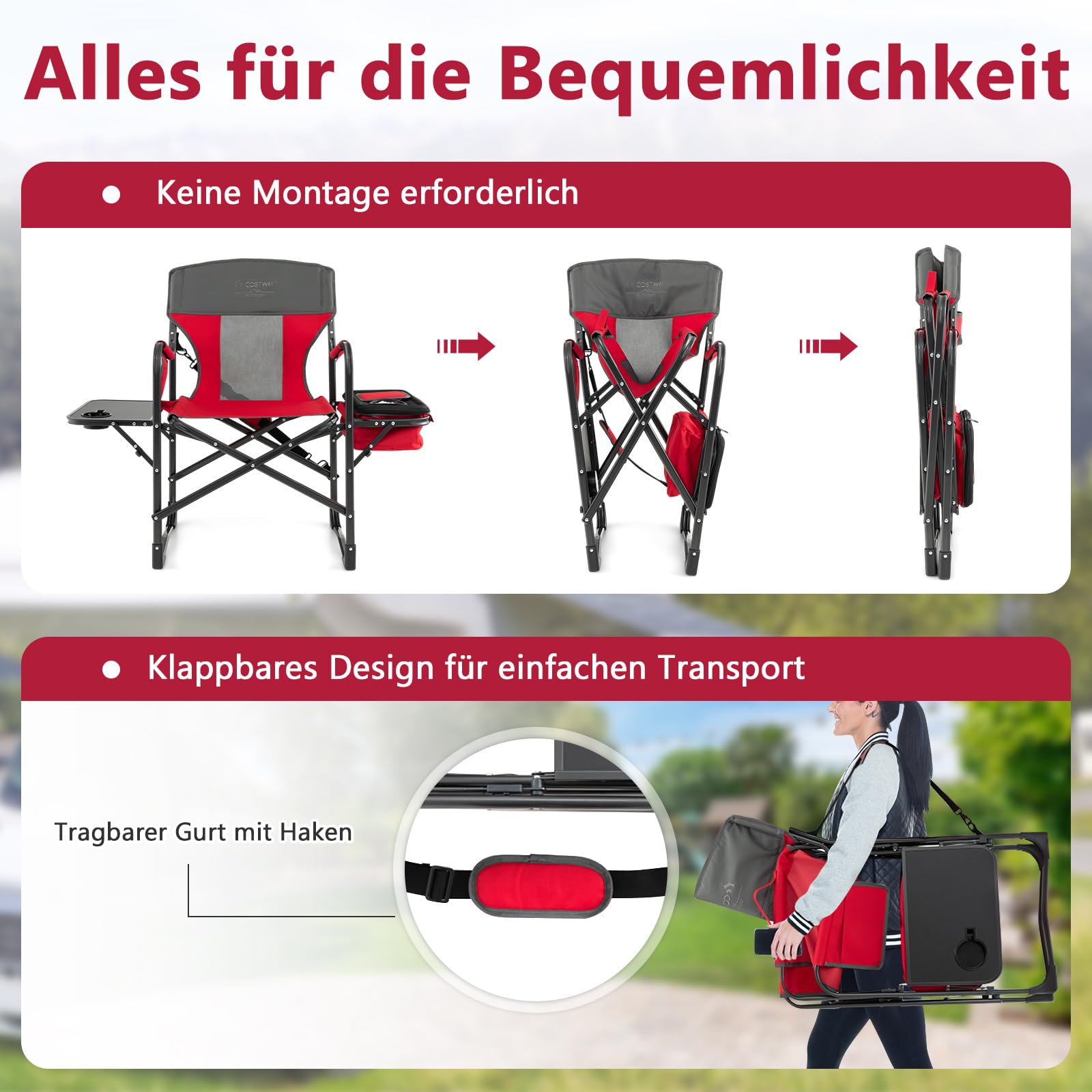 COSTWAY Krzesło kempingowe ze stolikiem bocznym, torbą chłodzącą i torbą do przechowywania, składane krzesło wędkarskie, nośność 180 kg, przenośne krzesło reżyserskie, składane krzesło na kemping
