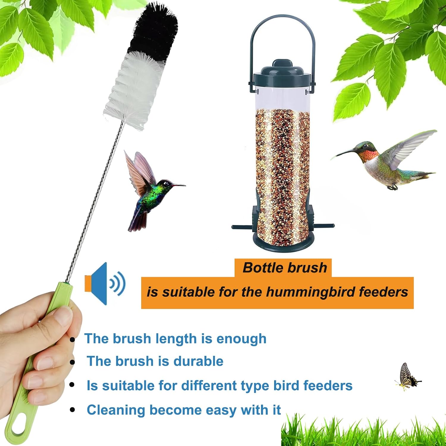 2 Pack 16" Water Bottle Brush for Cleaning, Dokpod Long Handle Bottle Cleaner Brush, Narrow Bottle Scrubber Brush, Hummingbird Feeder Cleaning Brushes, Cup Cleaner Brush, Meat Grinder Brush, for Pipe