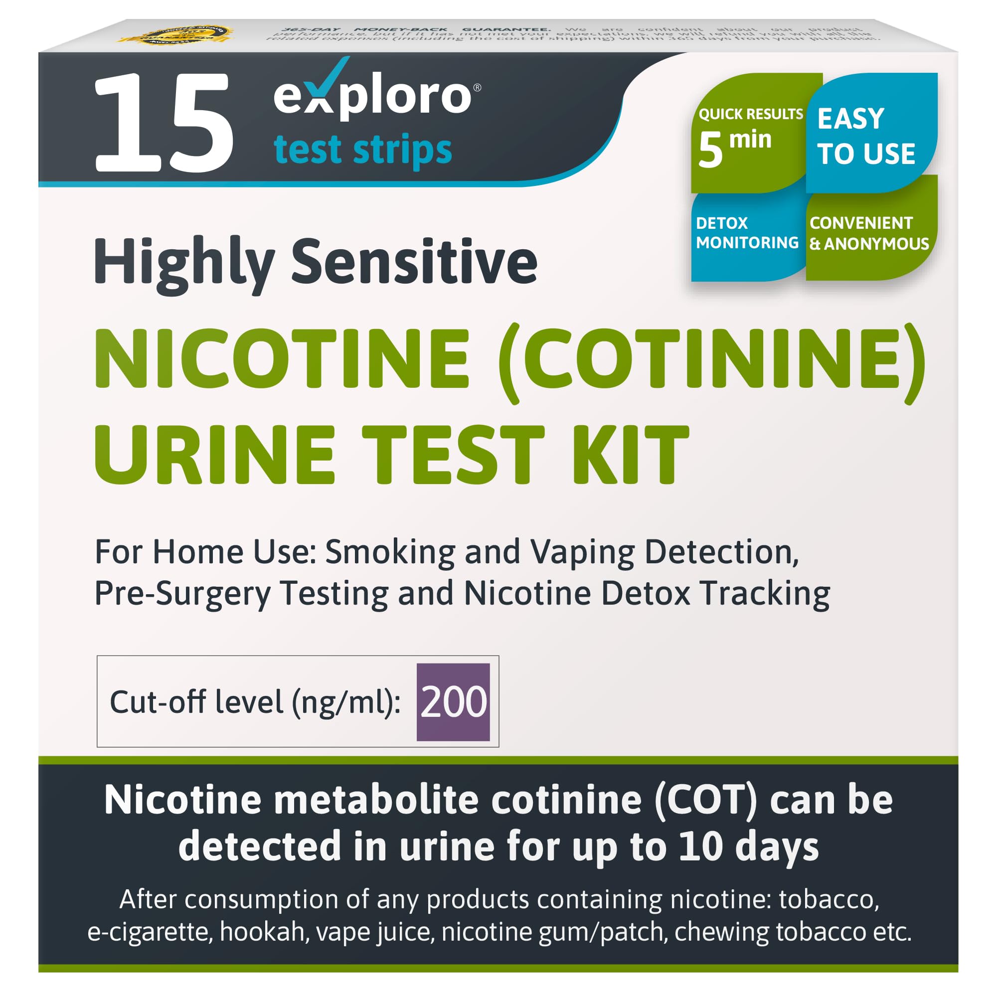 Exploro Nicotine Testing Kit at Home, Cotinine Urine Test, Highly Sensitive Nicotine Test Strips for Urine, Nicotine Test, Accurate Nicotene Test & Vape Test for Cut-Off Level 200 ng/ml (Pack of 15)