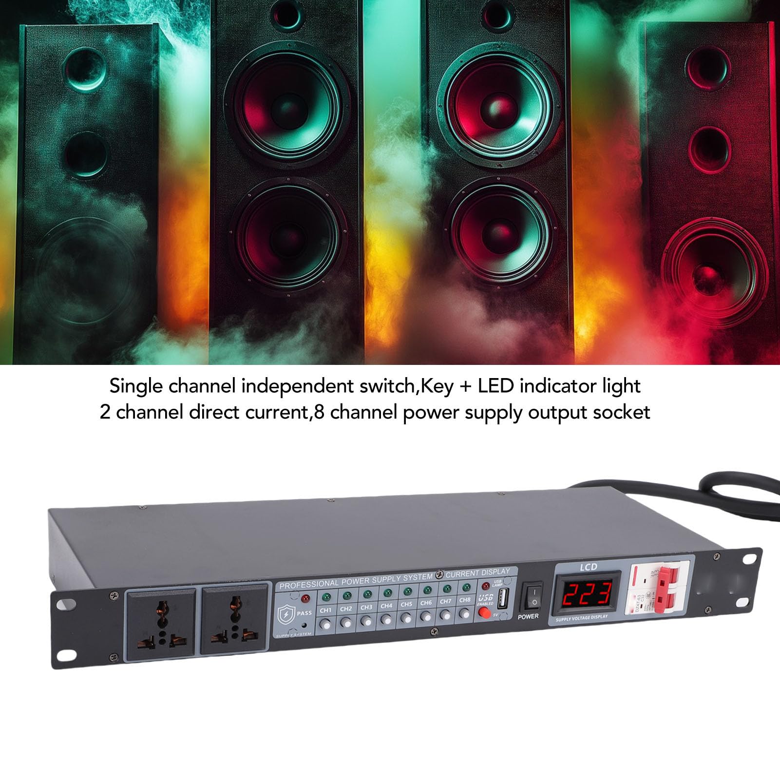 Asixxsix Power Sequencer Conditioner 10 Outlet, Rack Mount Audio Digital Power Supply Controller Regler mit Echtzeitspannung und Verzögerungsschalter für die Heimkino -Bühne (EU-Stecker)