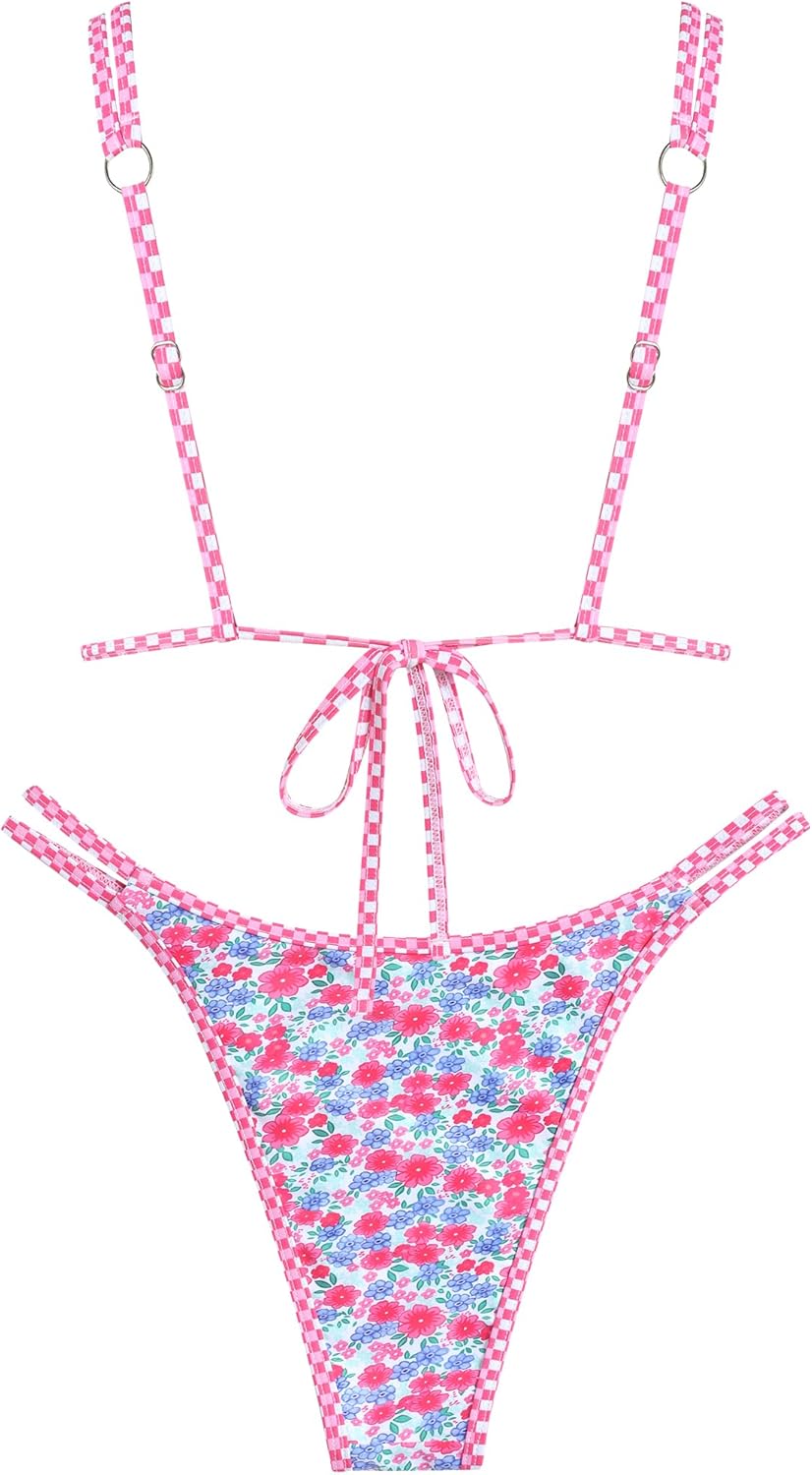 ZAFUL Women's Floral Bikini Set Color Block Double Spaghetti Strap High Cut Swimsuit Two Piece Bathing Suits