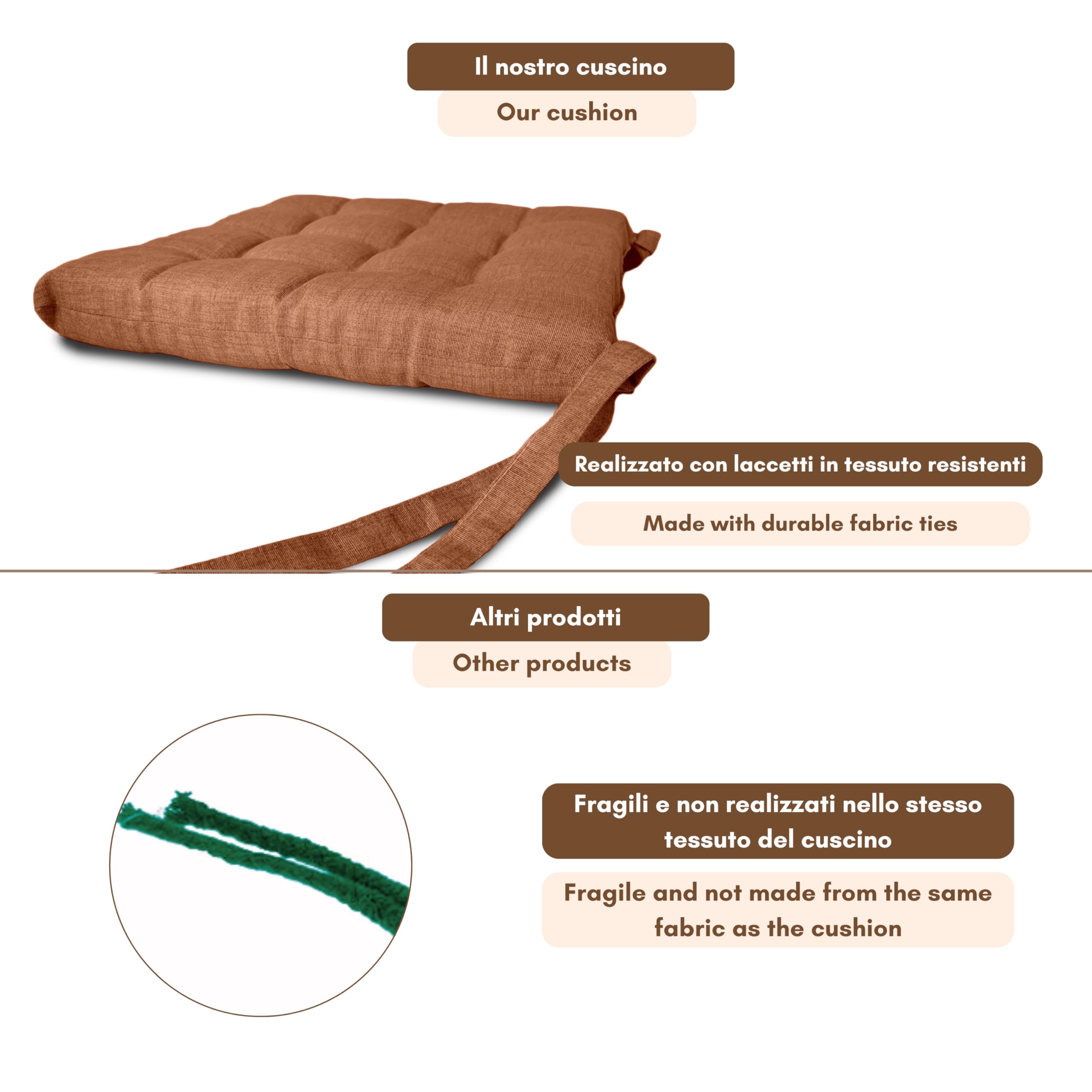Il Tuo Artigiano Design Lot de 4 ou 6 coussins pour chaises de cuisine, fabriqués en Italie, 6 coussins de 40 x 40 cm, épaisseur 6 cm, rembourrage en éponge et acrylique doux (6, terre cuite)