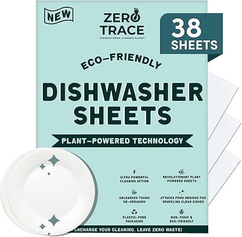 Zero Trace Sábanas ecológicas de detergente para lavavajillas para lavar platos, tecnología alimentada por plantas, más eficiente que las cápsulas o