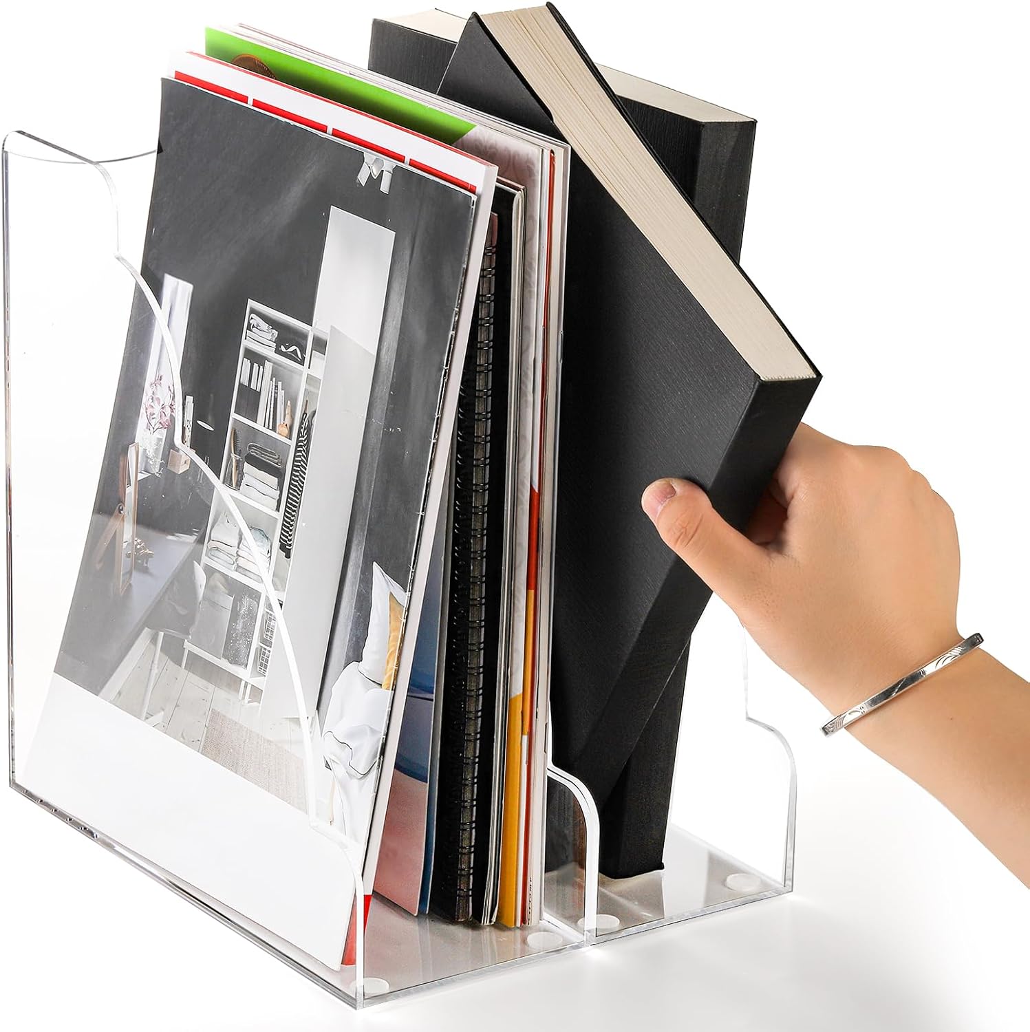 Youeon 2サイズ アクリルマガジンファイルホルダー 縦型ファイルオーガナイザー デスク用 クリアマガジンラック デスクオーガナ
