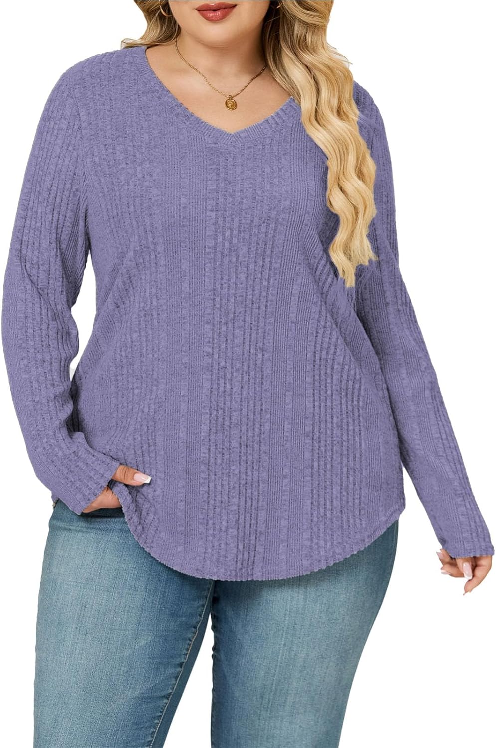 ROSRISS Plus-Size-Long-Sleeve-Tops for women Dressy V Neck Shirts Casual Ribbed Knit Tees Lightweight Tunic Sweaters - Image 3
