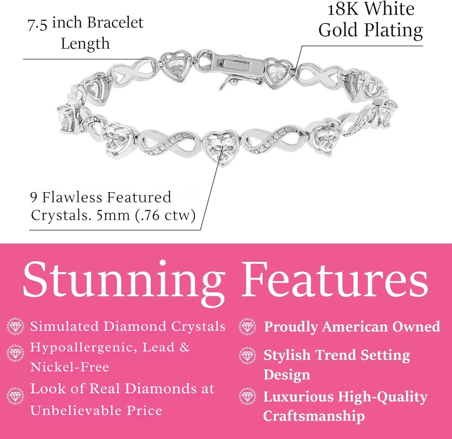 Cate & Chloe Amanda 18k Gold-Plated Heart Tennis Bracelet with Round Cut Simulated Diamond Crystals, 7.5” Elegant Jewelry for Women, Giftable Accessory for Her on Christmas, Birthday, and Anniversary