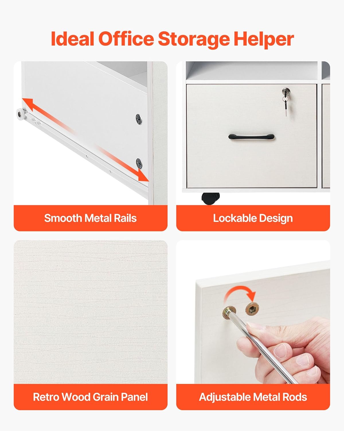 VEVOR 2 Drawer Wooden File Cabinet, Mobile Filing Cabinet with Open Shelves, Lockable Lateral Rolling File Storage with Adjustable Shelves, Free Standing Printer Stand for Home Office School, White