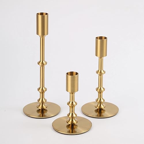 Portavelas dorados, modernos portavelas para mesa, mantel de boda, inauguración de la casa, juego de 3 portavelas de metal de latón