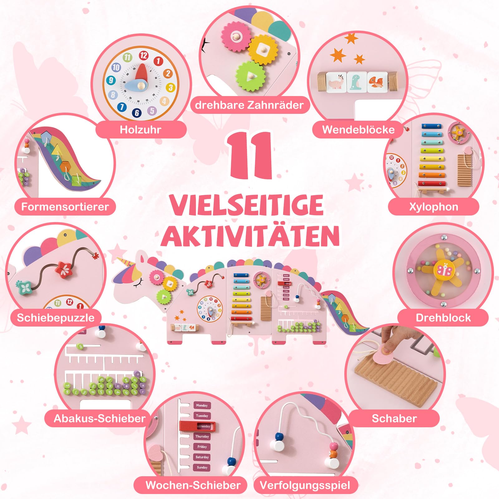 COSTWAY Montessori Busy Board, drewniana deska motoryczna 11 w 1 z ksylofonem, bloki, zegar, liczydło i części obrotowe, motoryka, zabawka Montessori, zabawka motoryczna dla dzieci od 1 roku życia