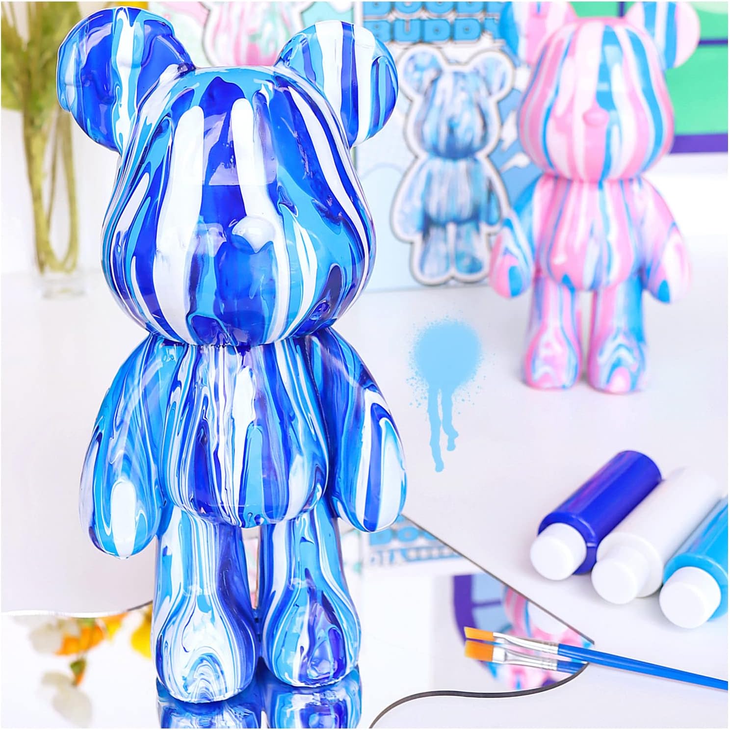DIY Creative Blank Painting Fluid Bear Figure Kit, Multicolor Mix Paint Design for Home Decoration (Blue, Fluid Bear) (CFBF02)