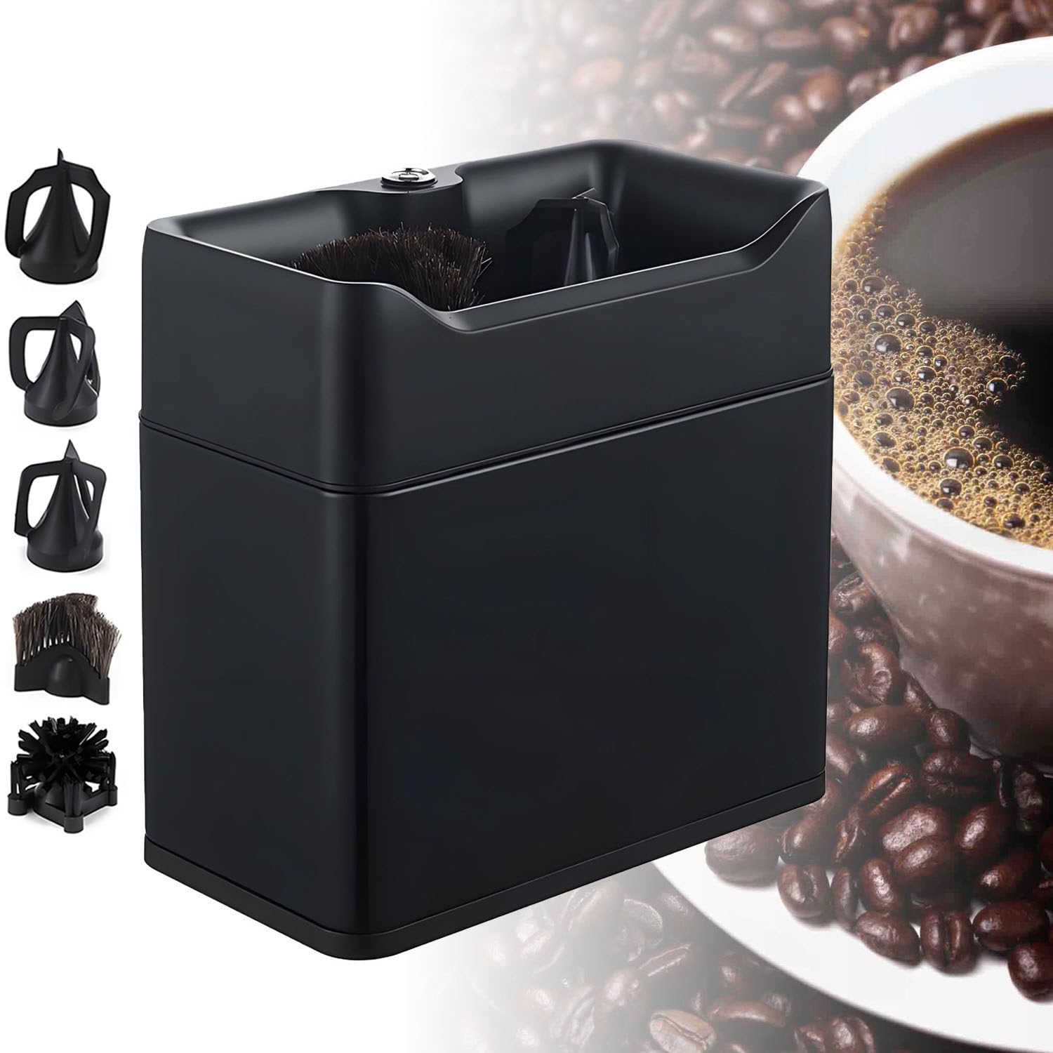 Automatischer Kaffeesatzreiniger, elektrischer Siebträgerreiniger mit 3 Schabern, 2 Bürstenköpfen, 3 l Fassungsvermögen, 300 U/min für 51-mm- und 58-mm-Siebträger Black