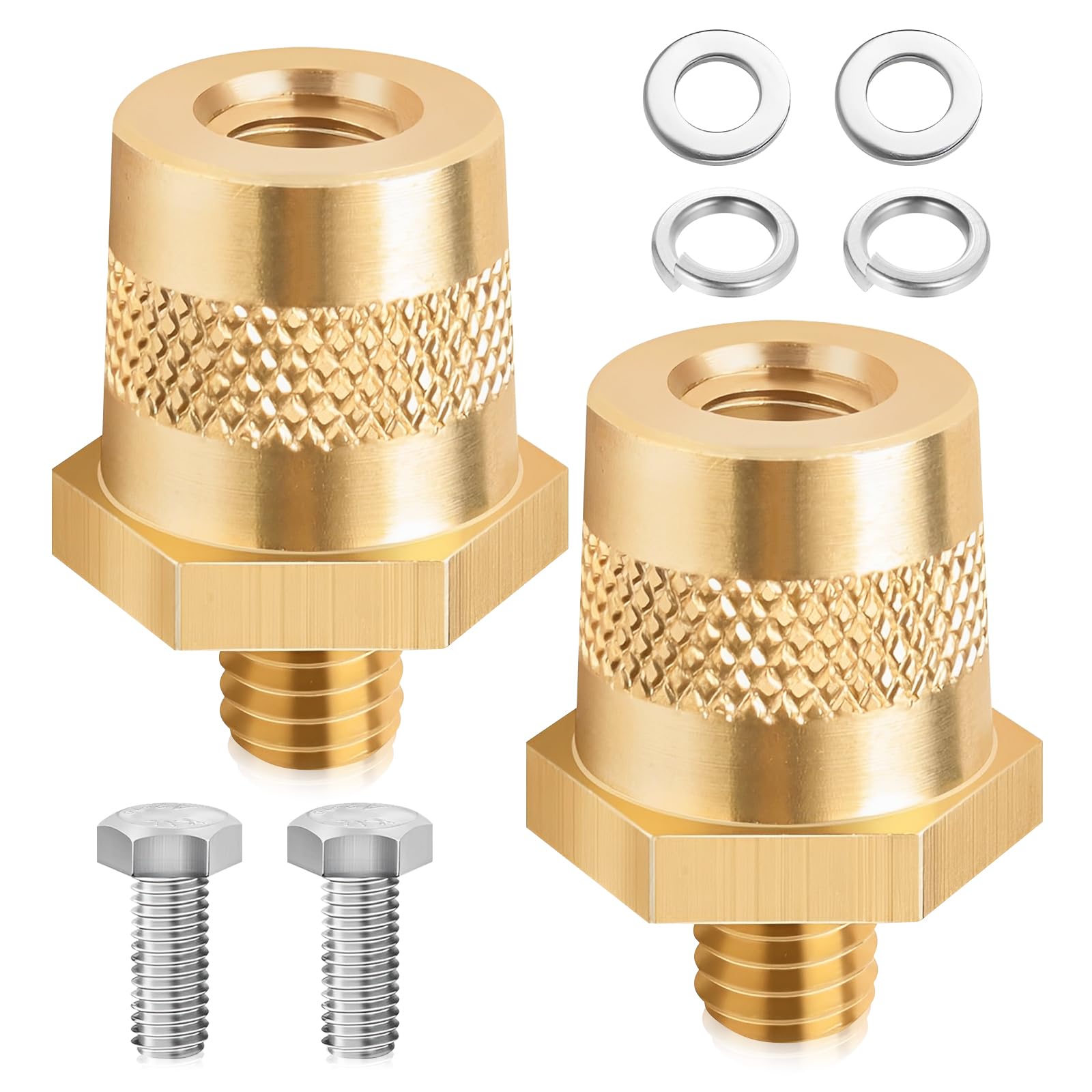 1 PairBattery Pole Adapters, M8 Battery Terminals Battery Terminal Connectors, Positive or Negative Brass Tone Post Adapters Cable Clamps for Car Trucks Yacht Batteries, with 2 Screws and 4 Washers