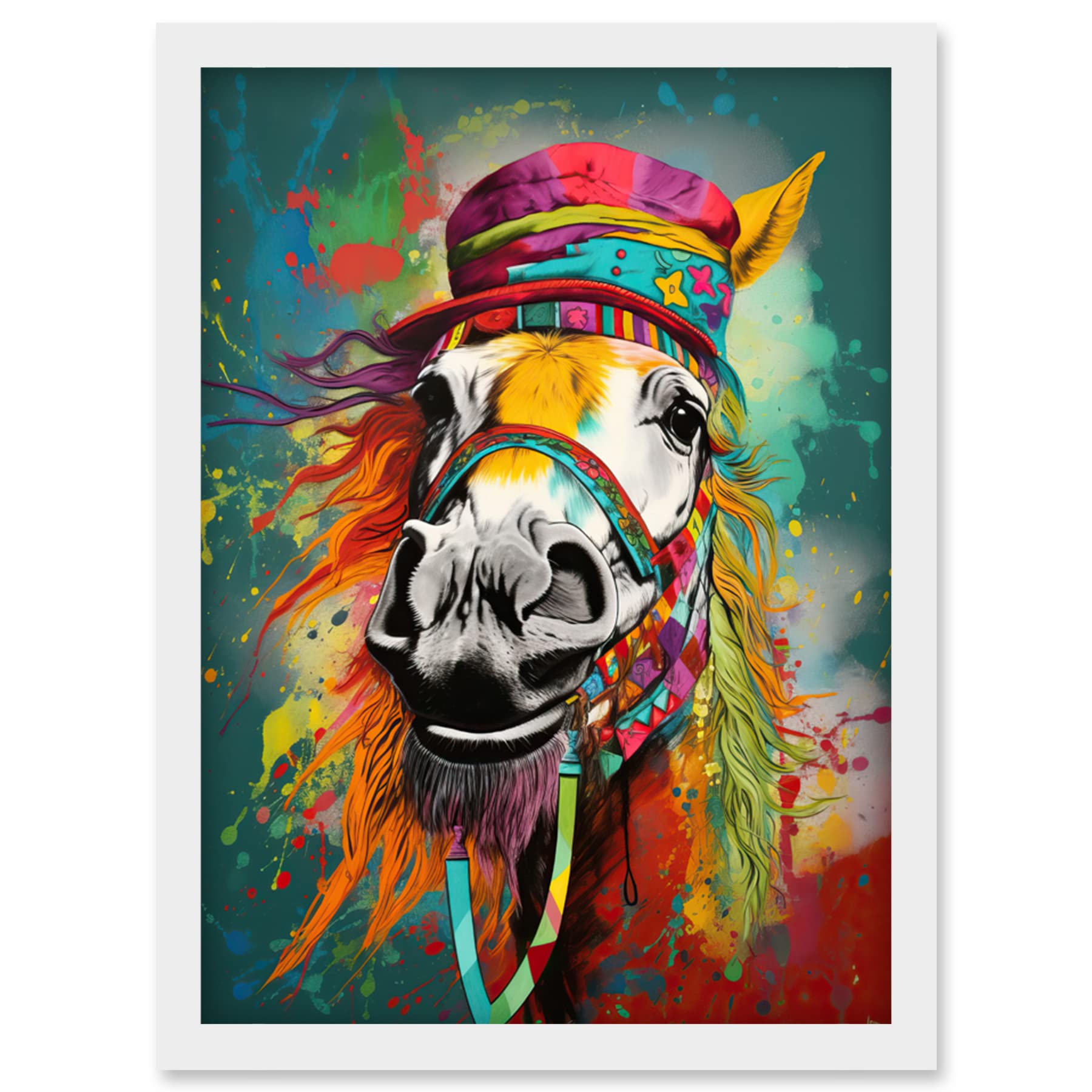Artery8 Hippie Horse with Multicoloured Hat and Bridles Artwork Framed Wall Art Print A4