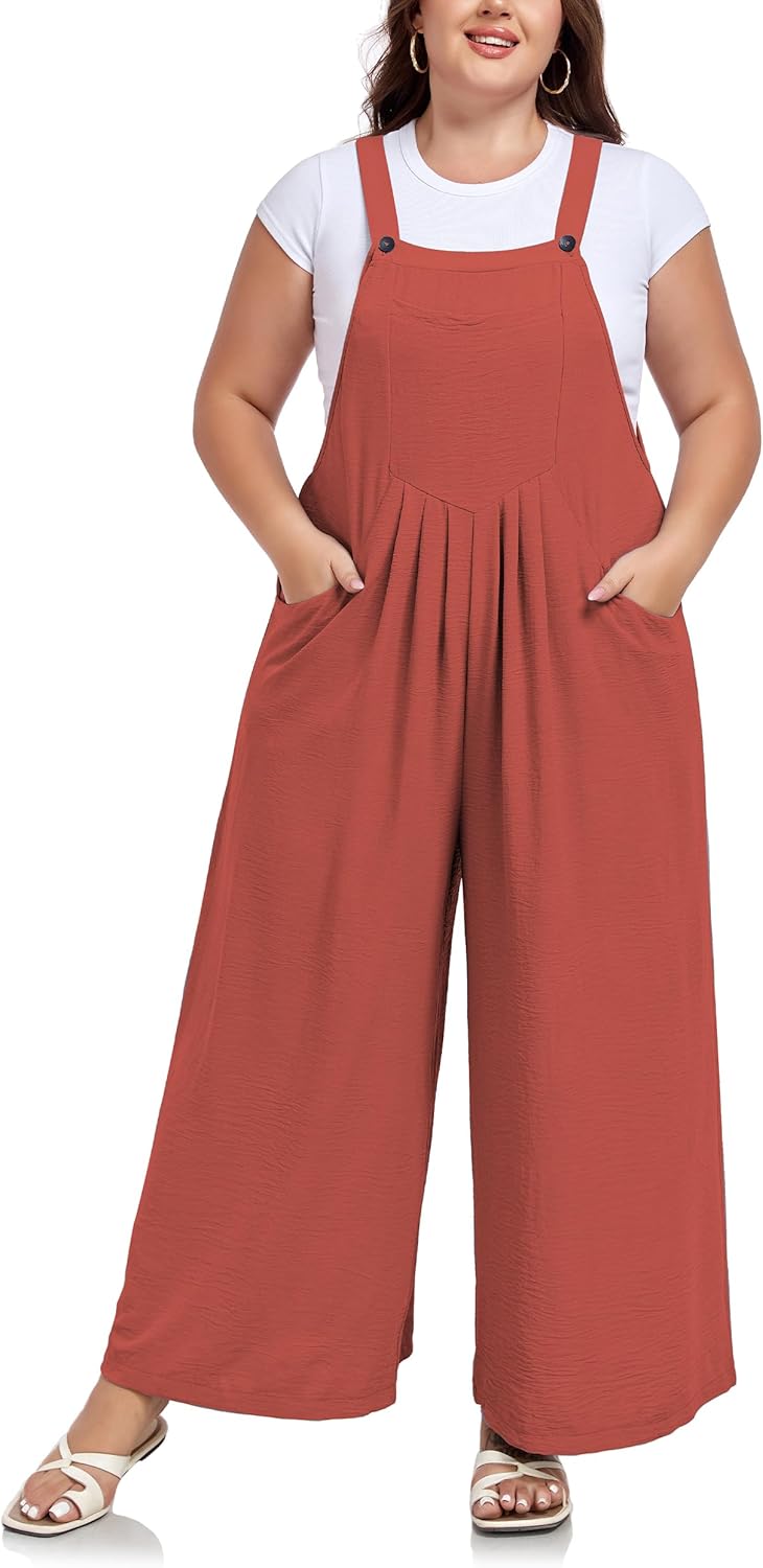 Moon Wood Plus Size Overalls for Women Loose Fit Bib Rompers Adjustable Straps Wide Leg Jumpsuits with Pockets