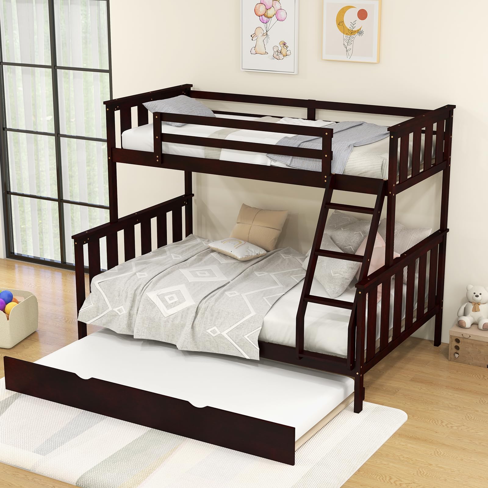 KOTEK Twin Over Twin Bunk Bed - Solid Wood Kids Bunk Bed With Ladder & Safety Rails