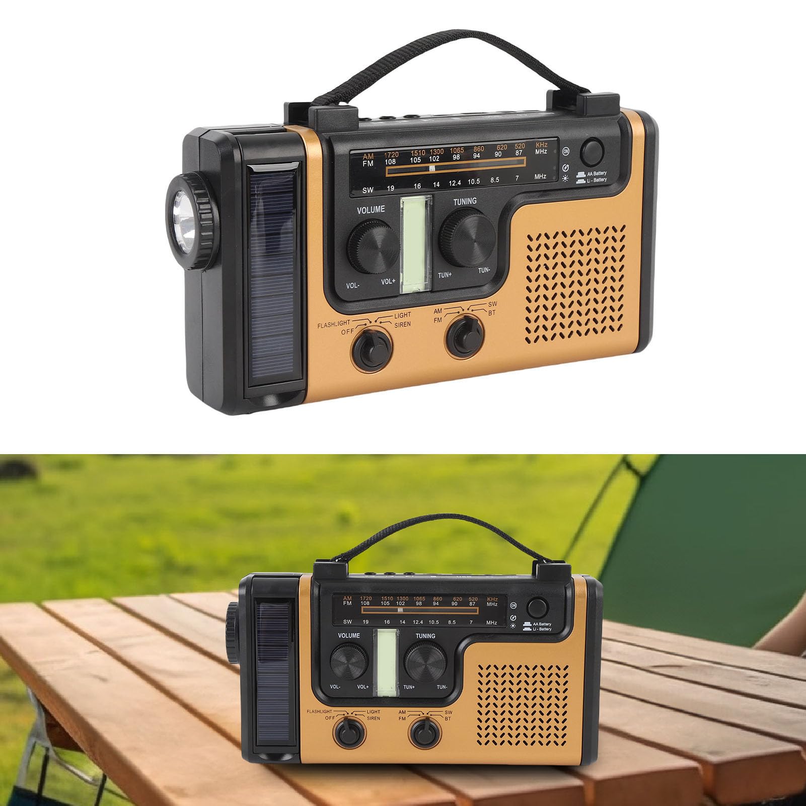 AM FM Solar Radio Radio, Bluetooth 5.0 Ręcznie Przenośne Radio z latarką, Alarm SOS, ładowarka do Telefonu Komórkowego, Małe Radia Pogodowe na Kemping, Awaryjne