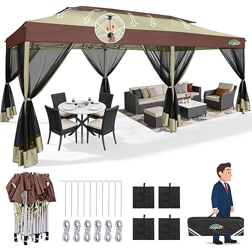 COBIZI 10x20 Pop Up Gazebo with Mosquito Netting Sidewalls, One Push Easy Up Canopy with Dual Vent Roof, Waterproof&UV 50+ Screen Tents for Parties, Backyard, Patio, Commercial Event, Khaki&Brown