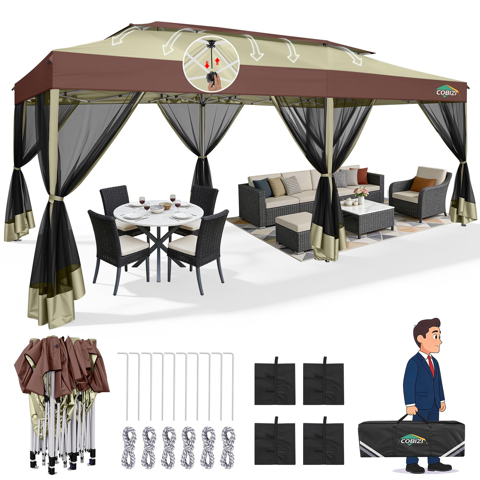 Photo 1 of COBIZI 10x20 Pop Up Gazebo with Mosquito Netting Sidewalls, One Push Easy Up Canopy with Dual Vent Roof, Waterproof&UV 50+ Screen Tents for Parties, Backyard, Patio, Commercial Event, Khaki&Brown