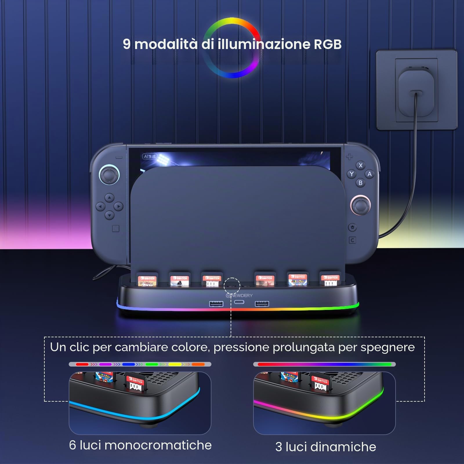 NEWDERY Ventola Compatibile con Nintendo Switch 2, Spazio per 6 Carte di Gioco & 3 Uscite USB, Raffreddatore Switch 2 con Illuminazione RGB, Doppia Ventola a 3 Velocità