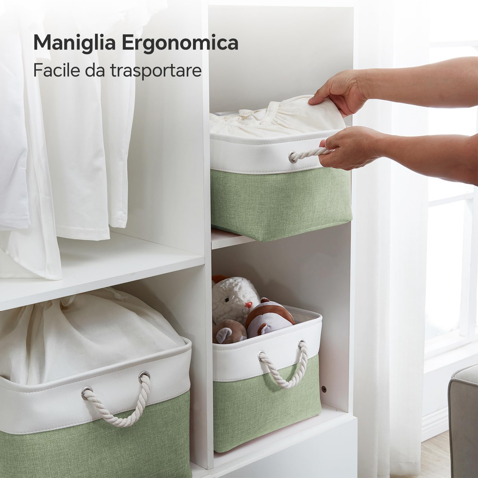 Mangata cestino portaoggetti in morbido tessuto, scatola con manici a corda, contenitori rettangolari per armadio, guardaroba, bagno, scaffale, 50 x 40 x 30 cm, verde e bianco