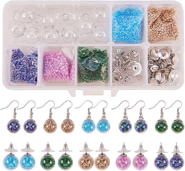 SUNNYCLUE 1 Box DIY 10 Pairs Glass Bottle Earrings Making Kit Seeds Beads Bubble Ball Bottle Charms Dangle Stud Earring Supplies for Jewellery Making Craft Adults Women, Silver