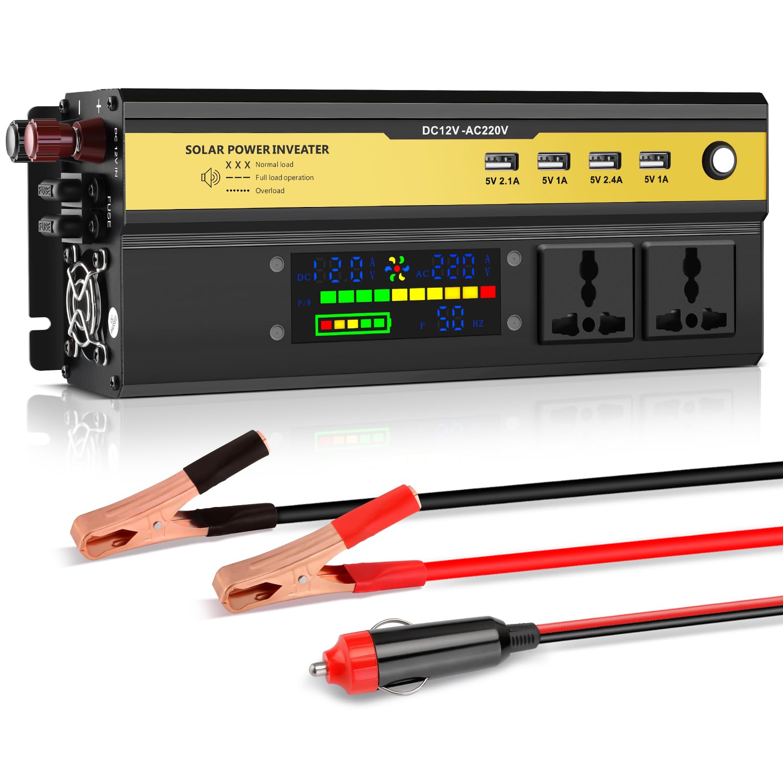 Seamuing2200W Power Inverter DC 12V to AC 240V Vehicle Inverters 2 AC Plug Sockets & 4 USB Ports 5V/2.4A Car Converter with Alligator Clip, Cigarette Lighter for Travel Camping RV Power Supply