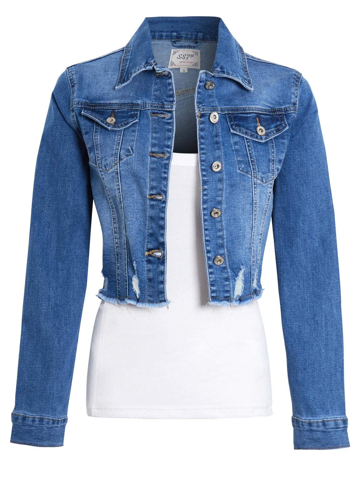 Ss7 Women's Denim Blue Distressed Denim Jacket With Stretch