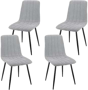 Juego de 4 Sillas de Comedor, Sillas Tapizadas con Tela de Lino y Patas de Metal Negro, Diseño de Rayas, Sillas de Comedor para Comedor Sala de Estar Dormitorio Cocina Salón Recepción, Gris