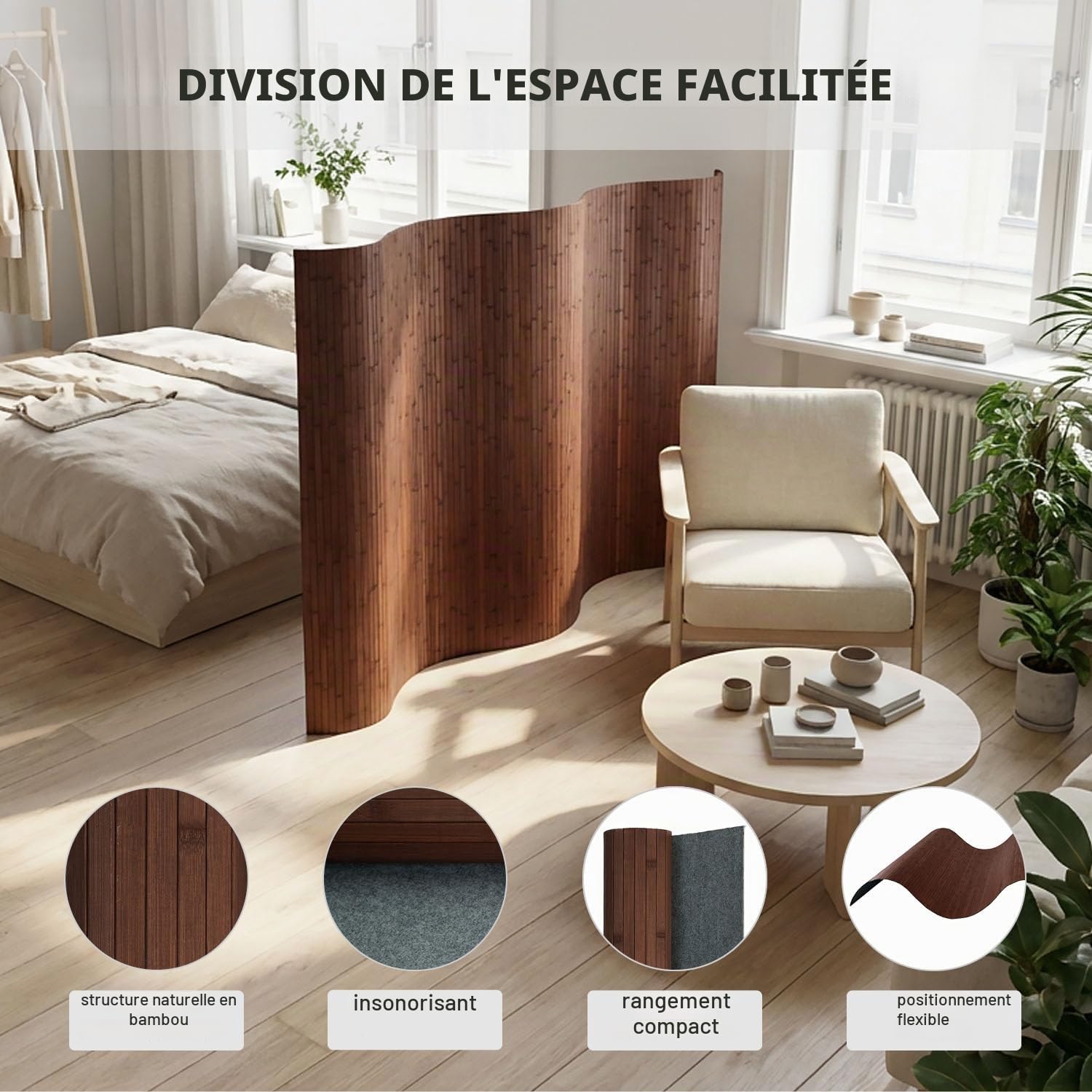 Homestyle4u Paravent en bambou 145 x 250 cm (H x l) - Marron foncé - Pliable - Brise-vue - Paroi espagnole pour salon, chambre à coucher, bureau - Forme ondulée enroulable - Article 3138